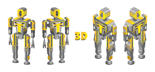 3D set. High tech humanoid type robot in four projections isolated on white background. EPS10
