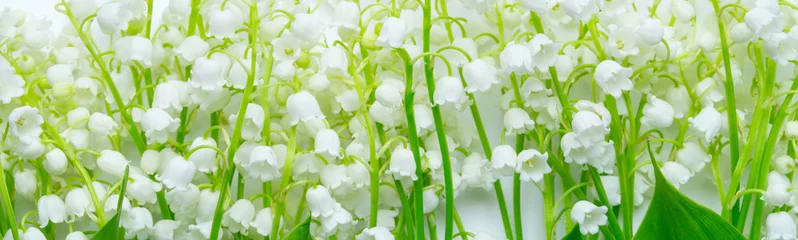 Stof per meter Beautiful Spring nature background with Lily of the valley flowers. Bouquet of spring flowers. Banner. © Marina Dobryakova