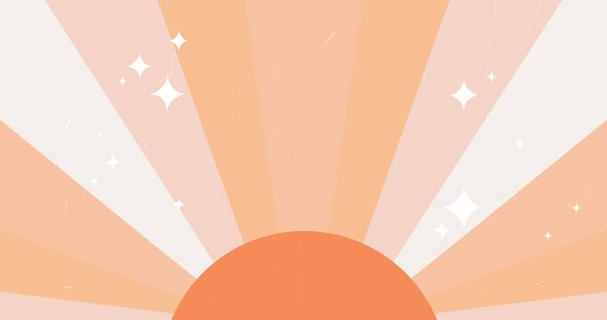 Retro hippie background with sun, rays and shining stars. Vintage abstract geometric trendy solar shape backdrop with Earthy colour palette. Looped boho animation.