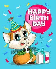 Vector humorous birthday illustration. Cute funny happy fox sits in a hat with gifts and a balloon with an inscription. Tinsel around.