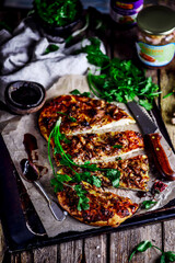 Pullled duck pizza. style rustic