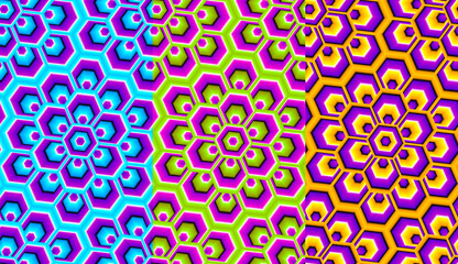Set of colorful wrapping paper with flowers in techno style. Optical illusion of movement. Seamless pattern.