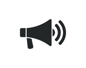 Megaphone music flat style icon shape symbol. Voice sound speech logo silhouette sign. Grunge stamp. Vector illustration image. Isolated on white background.