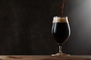 Stream pouring dark beer into a beer glass. Jet of the dark porter pours and whips the thick foam in a pint glass against the background of a blurred brown wall on wooden table - obrazy, fototapety, plakaty