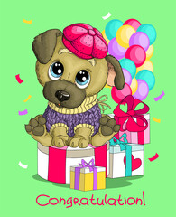 Vector humorous birthday illustration. A cute funny happy dog sits in a hat with gifts and balloons. Congratulations lettering