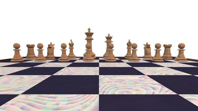 Low Poly Chess Set. Chess Board With White Pieces on Isolated White Background. 3D Render Image