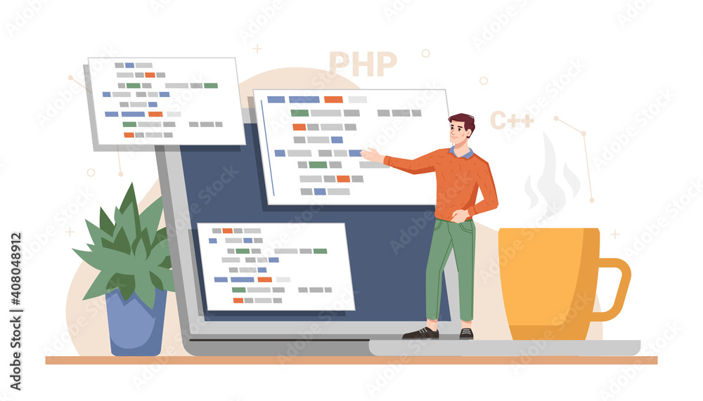 Aufkleber Web developer working on project, presentation ready site. Programming and coding using laptops and computers. Technology improvement and innovations. Cartoon character, vector in flat style