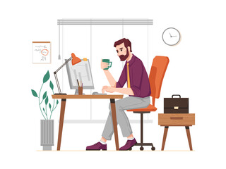 Neat man working at computer in office flat cartoon character. Vector bearded guy with cup of coffee sitting at desk with stationary. Businessman at work place, briefcase on chair, clock on wall