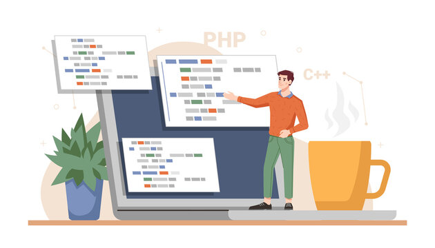 Web developer working on project, presentation ready site. Programming and coding using laptops and computers. Technology improvement and innovations. Cartoon character, vector in flat style
