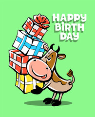 Colorful vector illustration. Happy Birthday. Cute funny happy cow is holding many boxes with gifts. Congratulations lettering. Isolated object.