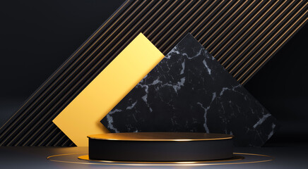 Round podium with geometric shapes and gold elements. Abstract blank pedestal, display platform. 3d rendering