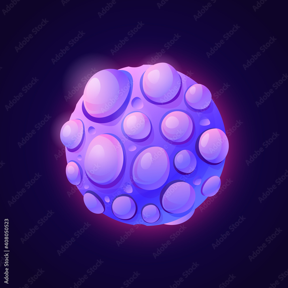 Poster Asteroid or cosmic celestial body made of plasma. Isolated fantasy planet with humps. Universe and outer space design for game or science fiction. Purple meteor. Cartoon vector in flat style