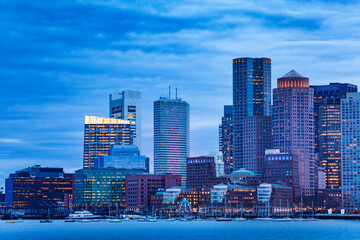 Fototapeta premium Dusk photo of Boston downtown view from Main channel over embarkment