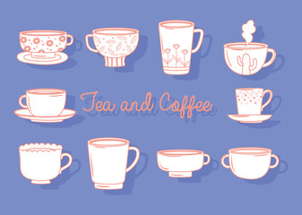 tea and coffee different cups decorated collection, line style