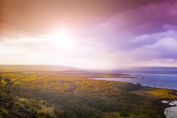 Panorama of Naivasha lake in Kenya Nakuru county view from hill, Africa - obrazy, fototapety, plakaty