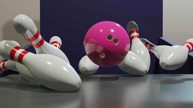 Bowling Ball Smashing Bowling Pins High Definition 3D Render Image