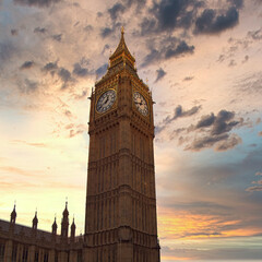 big ben tower clock and impressive sunset sky, London UK