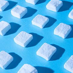 Sugar cubes on a light blue background with sharp 3D shadows. Asymmetric hand-arranged pattern. 