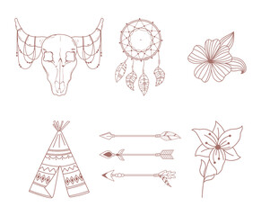 boho and tribal icons set arrow teepee bull skull dreamcatcher and flowers © Stockgiu