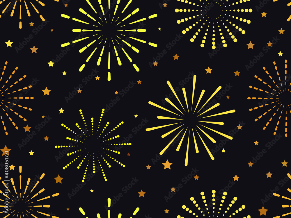 Wall mural seamless pattern with fireworks. festive vector background