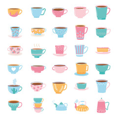 tea and coffee cute trendy crockery with decoration, kettles and cups for beverage