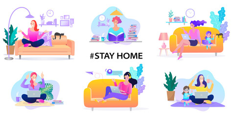 woman sitting at their home, room or apartment, Quarantine, stay at home concept, relaxing on sofa, Trendy flat vector illustration, EPS10.