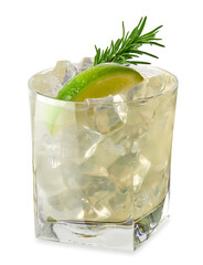 Rosemary infused vodka or gin sour cocktail with sliced lime and rosemary in glass isolated on...