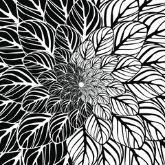 Flower made of striped black and white leaves for printing on pillows, fabrics, clothes, covers, gliders, coloring books. Vector illustration. Black and white.