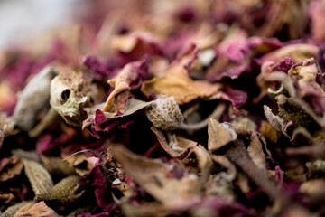 Macro texture of natural dry rose herbal tea