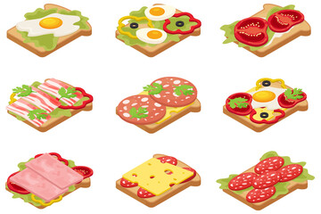 A set of delicious morning toast for breakfast.Fried pieces of bread with sausage, cheese, eggs, bacon and ham with tomatoes.Food for breakfast, food for lunch,food for dinner.Isometric vector illustr