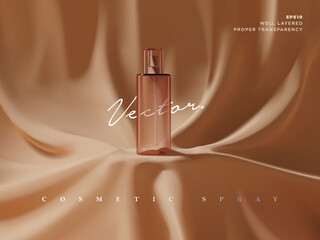 Realistic transparent cosmetic spray bottle ads scene illustration. Elegant luxury fabric drape podium for beauty product showcase or presentation. 3d realistic vector