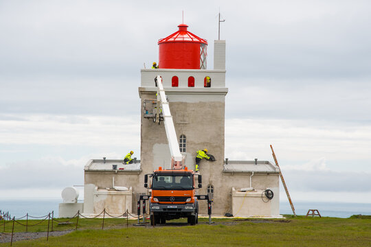 Reparation Work Being Carried Out At The Lighthouse Of Dyrholaey