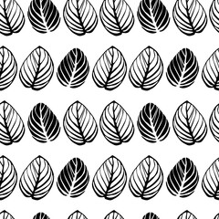 Seamless pattern from striped large leaves. Template for printing on textiles, fabrics, bedding, wrapping paper, covers, wallpaper, for coloring books. Black and white. 