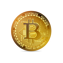 Gold bitcoin coin. Cryptocurrency, gold coin, the symbol of bitcoin. Realistic vector illustration.