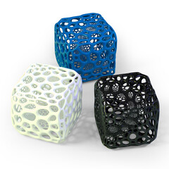 Composition of three cubes. 3d printing concept. Blue, white and black colors. Plastic materials.  3d rendering.