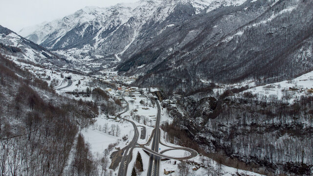 Mesocco Drone Shot in Graub&uuml;nden Switzerland, Swiss Mountain, San Bernardino, Soazza, Cima de Barna