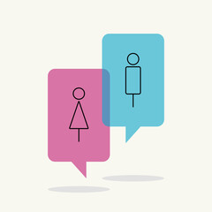 Speech bubbles between male and female, toilet sign, WC door sign. Vector isolated illustration