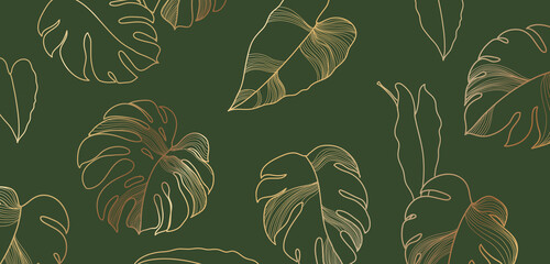 Luxury floral background with golden monstera leaves. Pattern philodendron gold line art, tropical plant decor vector © lightgirl