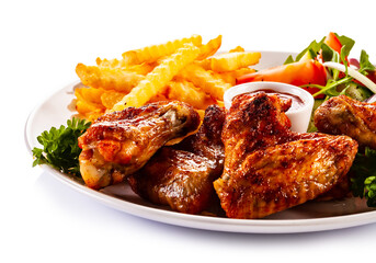 Roast chicken wings with curly fries and vegetable salad on white background
