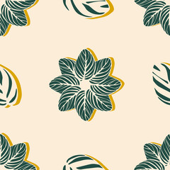 Seamless pattern of beautiful flowers from striped leaves on a pink background. Template for printing on textiles, fabric, bedding, wrapping paper, covers, wallpaper. Vector illustration.