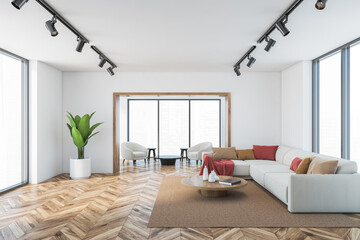 White and wooden living room with sofa and armchairs, parquet floor