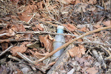 Obraz premium Discarded plastic water bottle littering dry creek bed with dried brown leaves and twigs creating environmental pollution