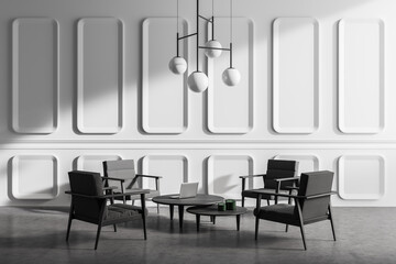 White and gray living room interior with armchairs