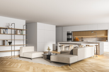 White living room and kitchen corner