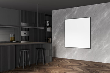 Gray and wooden kitchen with bar and poster