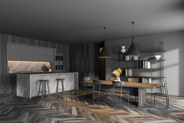 Gray and wooden kitchen corner with bar and table