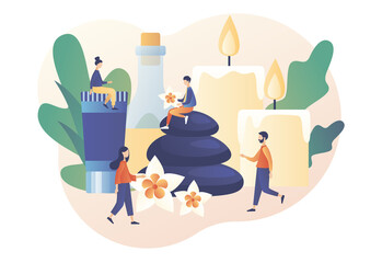 Spa therapy concept. Beauty procedure and body care. Tiny people relaxing with accessories for relaxing atmosphere, candles, aroma oils, hot stones. Modern flat cartoon style. Vector illustration
