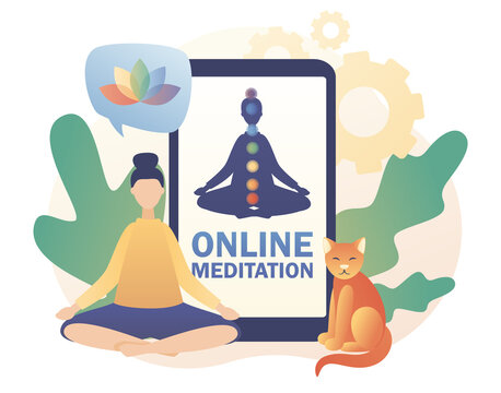 Online meditation concept. Tiny woman sitting in lotus pose. Colorful 9 chakras. Yoga online, relax, recreation, healthy lifestyle. Modern flat cartoon style. Vector illustration on white background