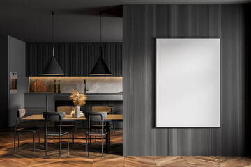 Gray and wooden kitchen interior with table and poster