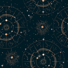 Seamless pattern with Mystical and Astrology elements, Space objects, planet, constellation, zodiac sings. Editable vector illustration. - obrazy, fototapety, plakaty